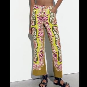Zara Multicolor boho linen blend wide leg Ankle Pants